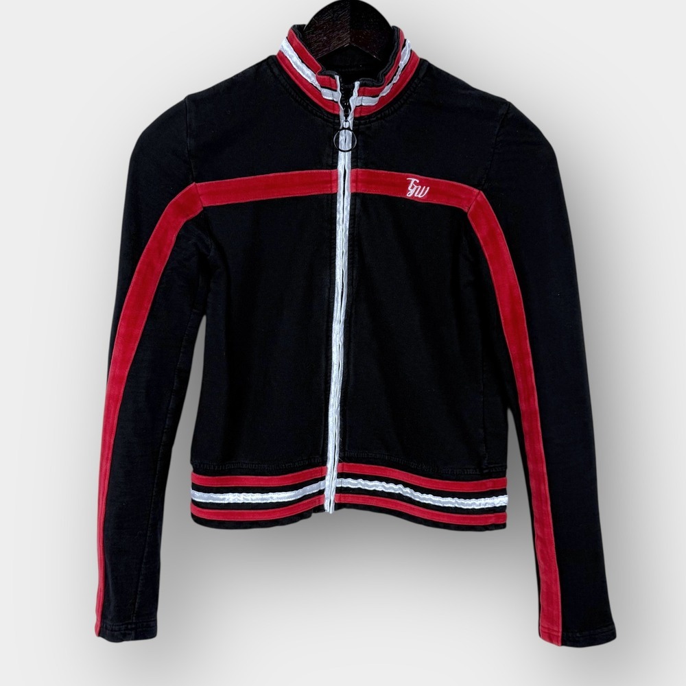 Historia Women's Cropped Track Jacket S Black Red Zip Mock Neck Stripe Trim